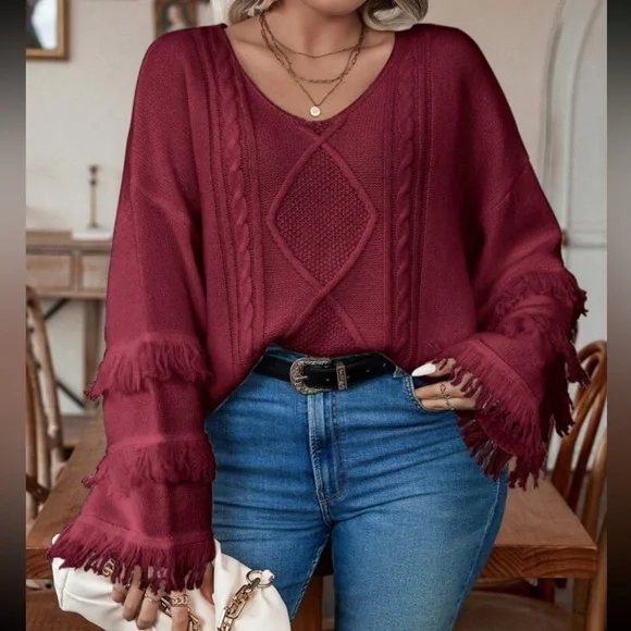 Plus size cozy fringe detail cable knit sweater top